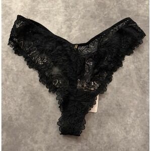 Savage X Fenty Romantic Corded Lace Thong Panty Black Plus Size 1X NWT